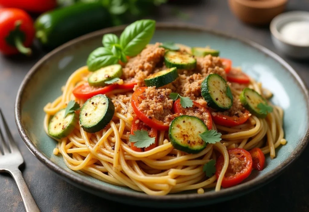 Easy Chicken Pasta Primavera with Zucchini and Peppers