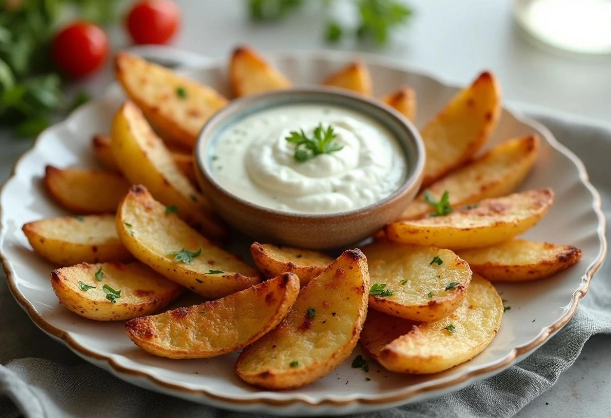 Garlic Roasted Potato Wedges with Yogurt Herb Dip