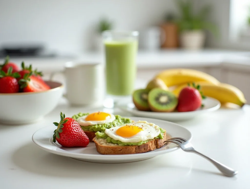 A healthy breakfast spread featuring oatmeal with strawberries, avocado toast with poached eggs, a smoothie, fresh fruits like kiwi and banana, and a cup of green tea on a clean white kitchen table.