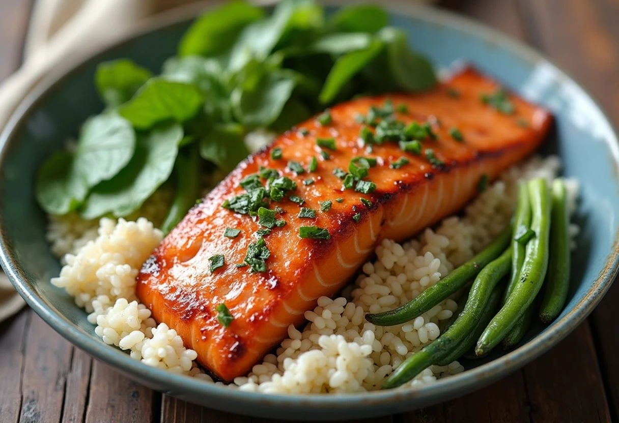 Honey Garlic Glazed Salmon with Rice and Greens