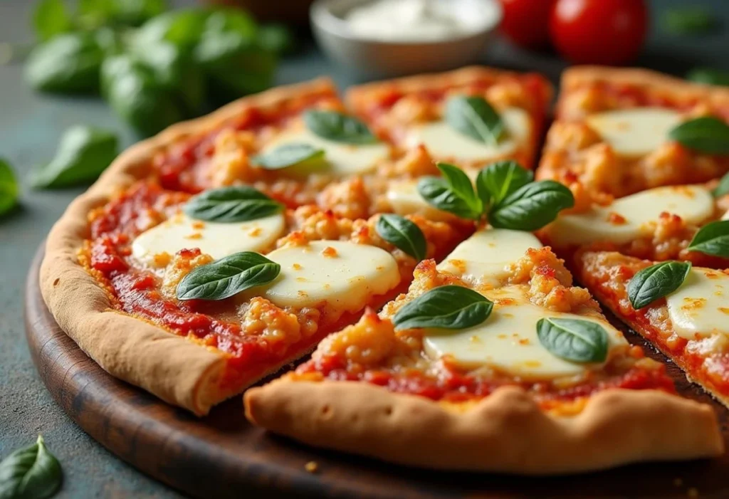 Low-Carb Chicken Pizza with Cauliflower Crust and Mozzarella