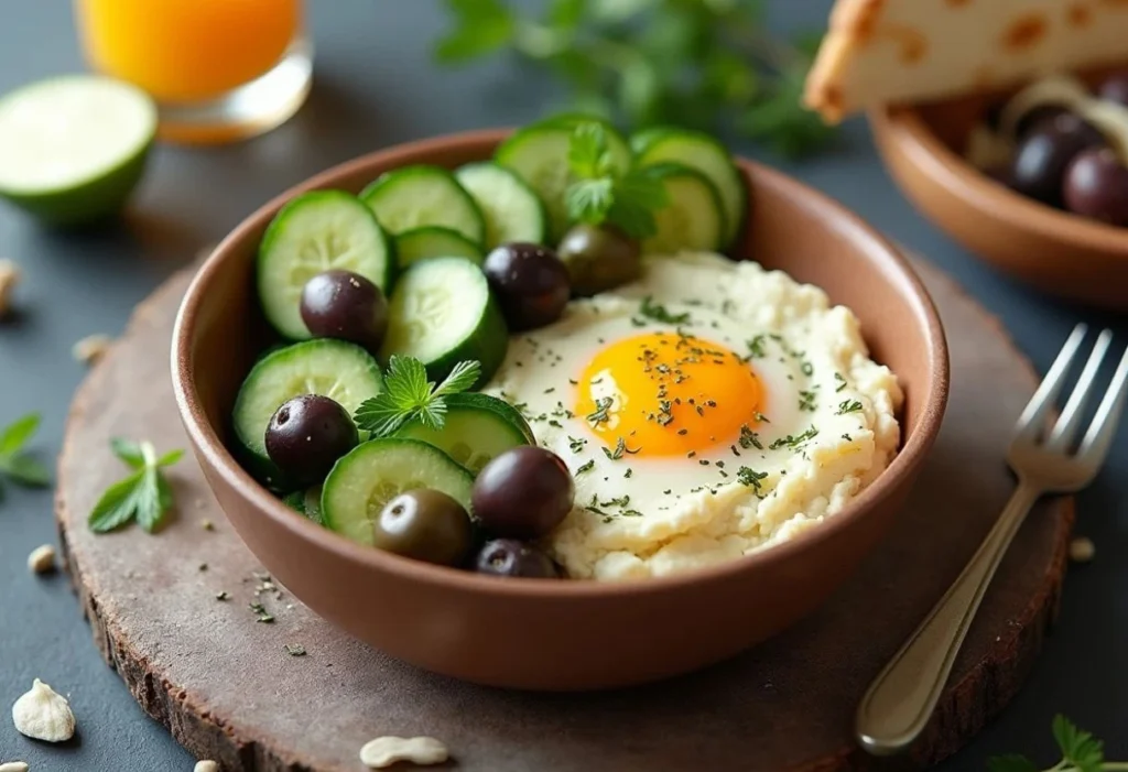 Mediterranean Cottage Cheese Breakfast Bowl with Olives and Cucumbers