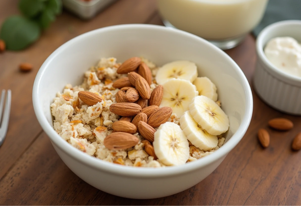 Quick Cottage Cheese and Oats Breakfast Bowl with Banana & Almonds