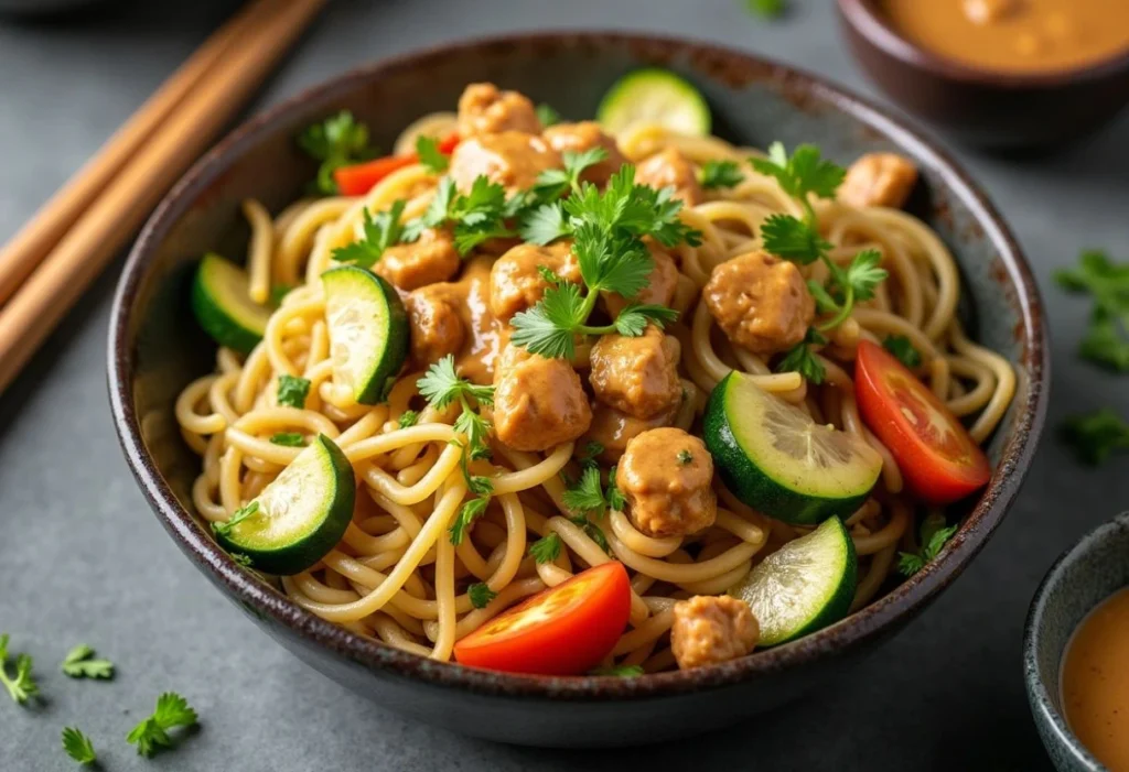 Zucchini Noodle Stir Fry with Chicken and Peanut Sauce
