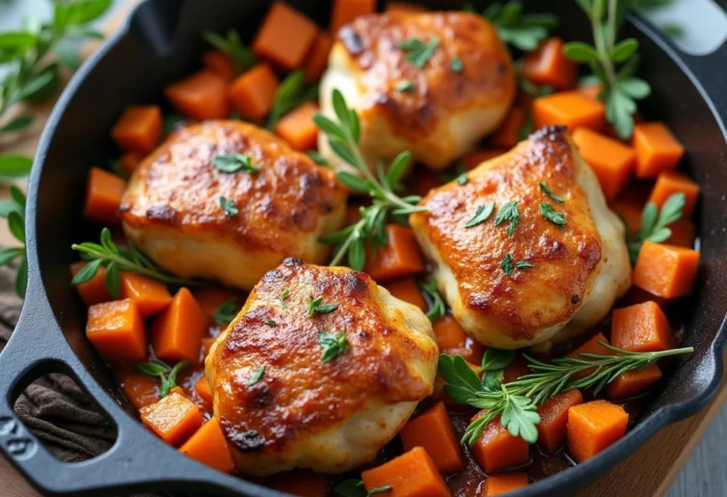 🍳 One-Pan Chicken Thighs and Sweet Potatoes with Rosemary